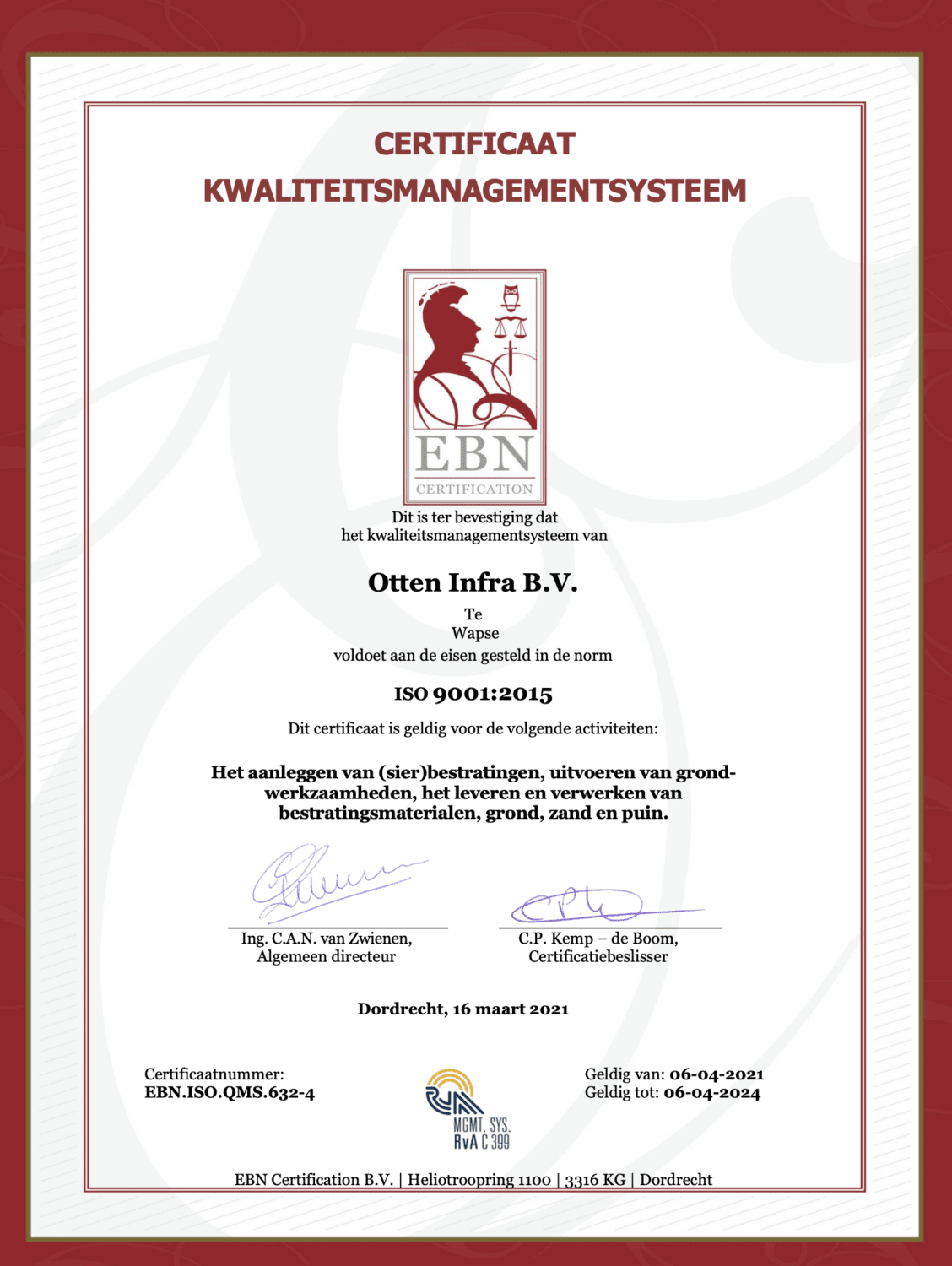 ISO certificaat Otten Infra BV