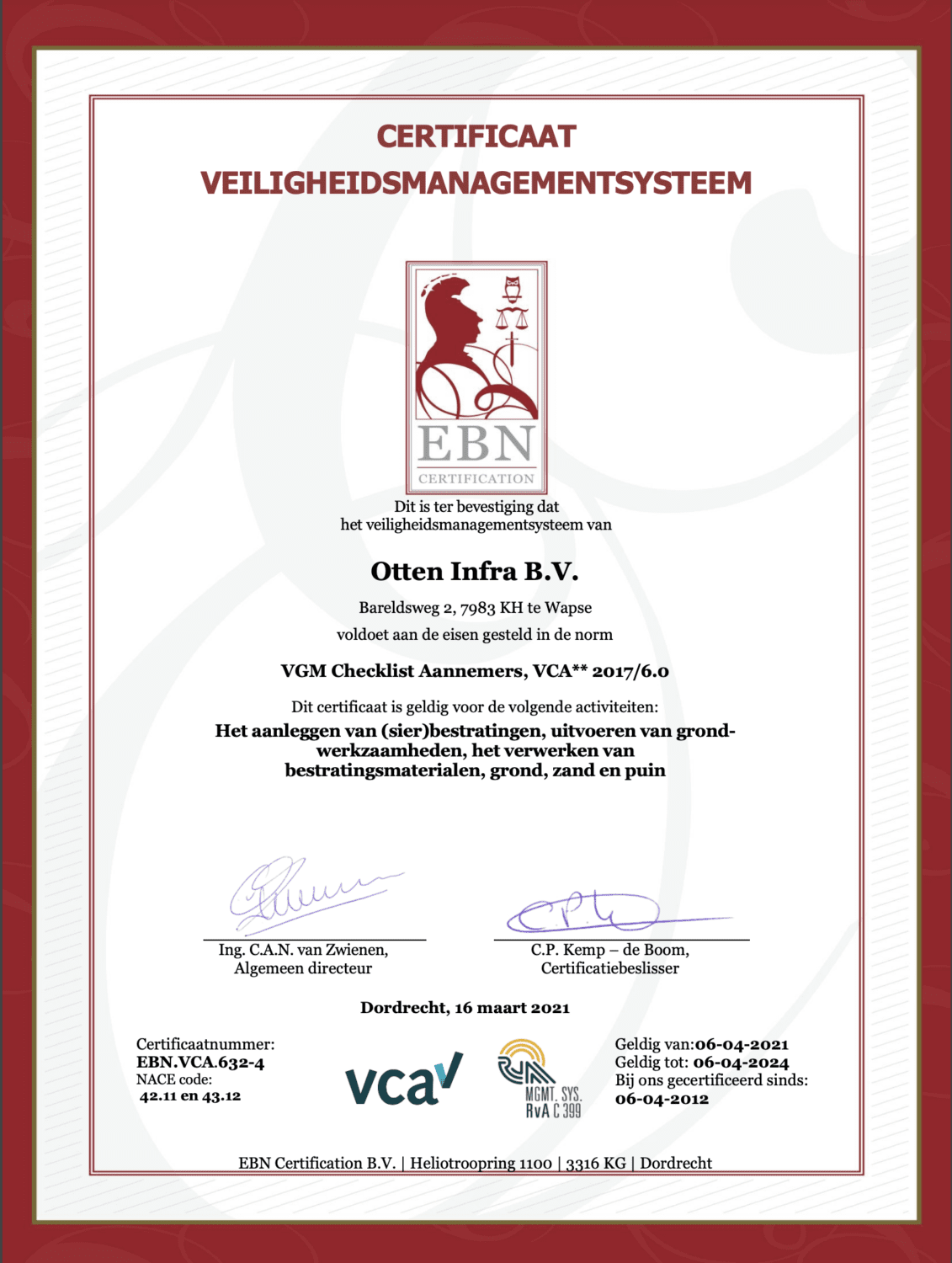 VCA certificaat Otten Infra BV
